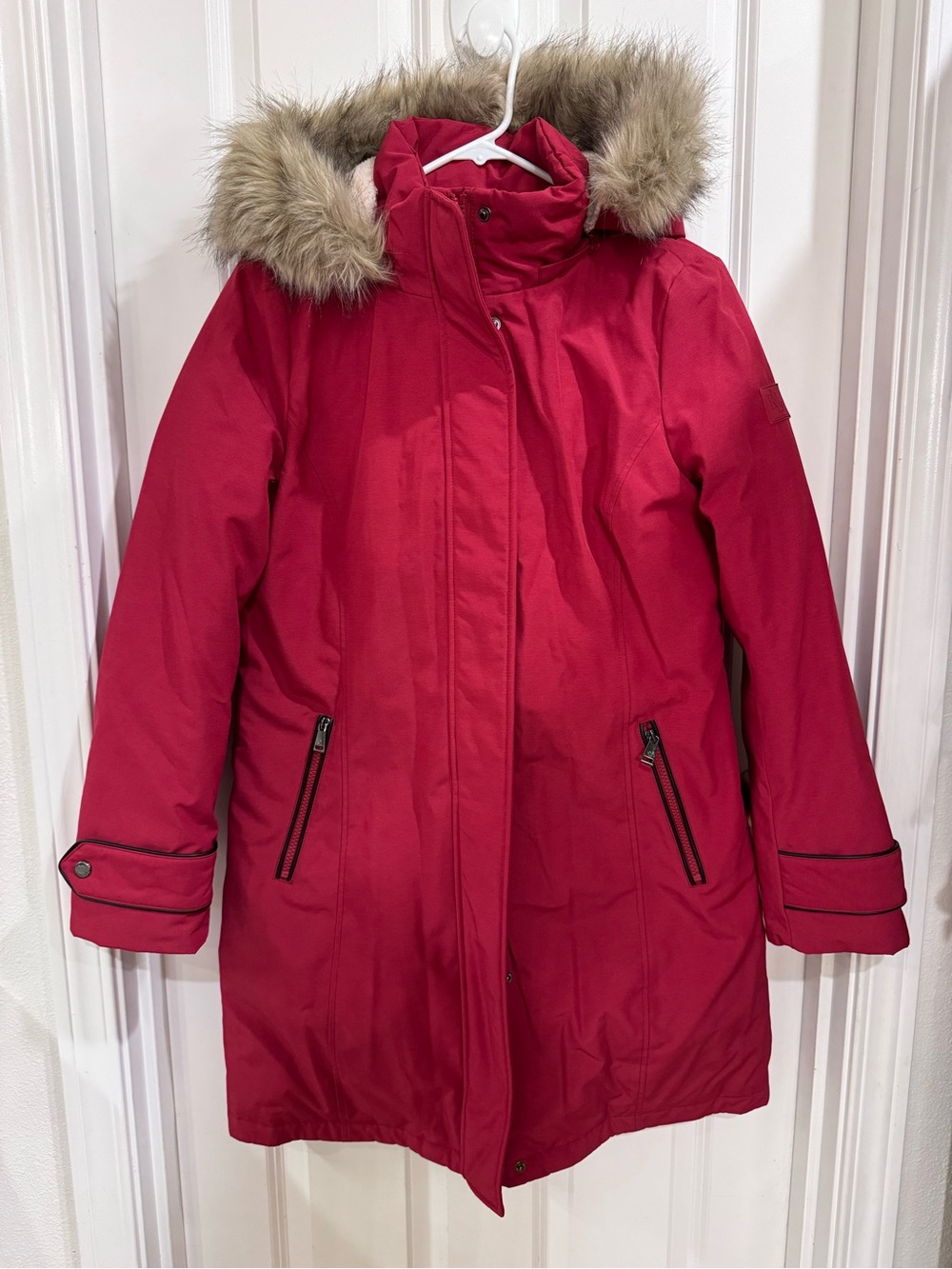 Ralph Lauren Red Women's Faux Fur Detachable Hood Waterproof Parka Coat